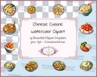 Chinese keuken clipart - aquarel Aziatische knoedels noedels wok clipart instant download - PNG-afbeeldingen bundel - commercieel gebruik
