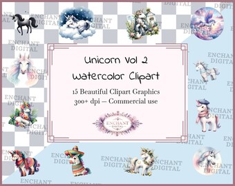 Clipart Unicorn Vol 2 - Download immediato di clipart Acquerello Girly Elegant Cute Unicorns - Pacchetto grafica PNG - Uso commerciale