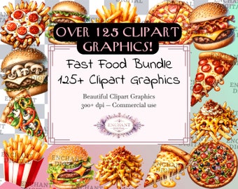 May include: A digital clipart bundle of 125+ fast food graphics, including pizza, burgers, fries, and more. The graphics are colorful and detailed, and they are perfect for use in commercial projects.