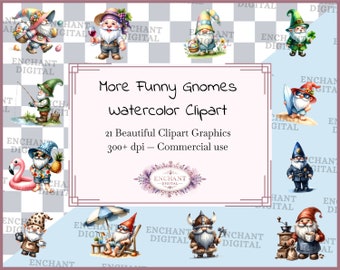 Altre clipart divertenti sugli gnomi - Download istantaneo della clipart acquerello esilarante dello gnomo da giardino - Pacchetto grafica PNG - Uso commerciale