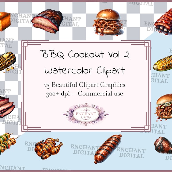 BBQ Cookout Vol 2 Clipart - Watercolor BBQ Grill Summer Food clipart instant download - PNG graphics bundle - Commercial Use