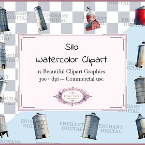 Imágenes prediseñadas de silo - Acuarela Granja Grano Silo Agricultura Imágenes prediseñadas rurales descarga instantánea - Paquete de gráficos PNG - Uso comercial