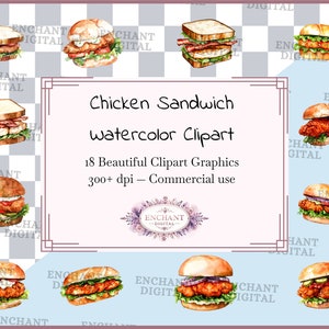 Clipart sandwich au poulet - aquarelle croustillante brun doré clipart nourriture réconfortante téléchargement immédiat - ensemble de graphiques PNG - usage commercial