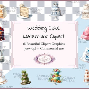 Clipart de gâteau de mariage - aquarelle tranche de gâteau élégant téléchargement immédiat des cliparts à trois niveaux - ensemble de graphiques PNG - usage commercial