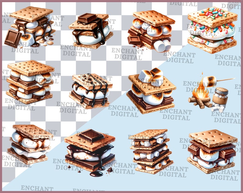 Smores clipart - Aquarel clipart Kampvuur S'mores Toasted Marshmellow Chocolate instant download - PNG grafische bundel - Commercieel gebruik afbeelding 2
