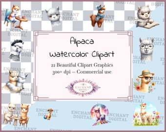 Alpaca clipart - Watercolor Fuzzy Cute Funny Alpaca clipart instant download - PNG graphics bundle - Commercial Use