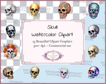 Skull clipart - Watercolor Spooky Gothic Art Halloween Day of the Dead clipart instant download - PNG graphics bundle - Commercial Use