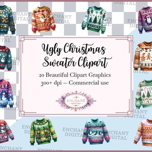 Brzydki świąteczny sweter Clipart - Świąteczne brzydkie świąteczne swetry akwarelowe Clipart Natychmiastowe pobranie - Pakiet grafik PNG - Użytek komercyjny