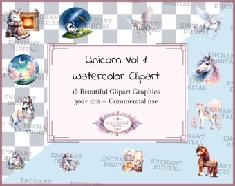 Clipart Unicorn Vol 1 - Acquerello bellissimi unicorni con fiori e stelle download immediato di clipart - Pacchetto grafica PNG - Uso commerciale