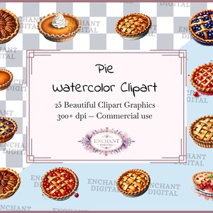 Torta clipart - Aquarela clipart Torta de maçã, Torta de abóbora, Torta de noz-pecã download instantâneo - Pacote de gráficos PNG - Uso comercial