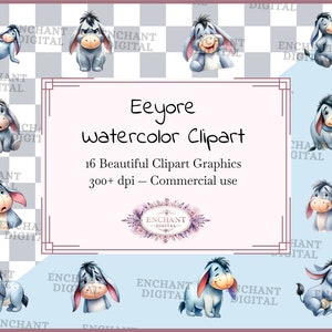 Bourriquet aquarelle clipart - mignon Bourriquet Winnie l'ourson Clipart âne sombre PNG graphiques bundle téléchargement immédiat - usage Commercial