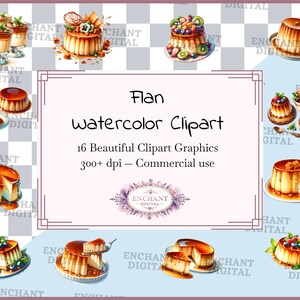 Flan clipart - aquarel Spaanse Flan Dessert clipartafbeeldingen direct downloaden - PNG grafische bundel - commercieel gebruik