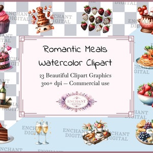 Romantische maaltijden clipart - Aquarel romantische diners Desserts en drankjes clipart instant download - PNG grafische bundel - Commercieel gebruik
