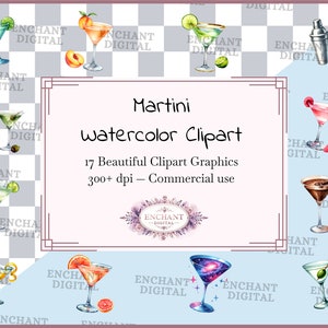 Martini clipart - aquarel klassieke cocktailavond Happy Hour drankje clipart instant download - PNG-afbeeldingen bundel - commercieel gebruik