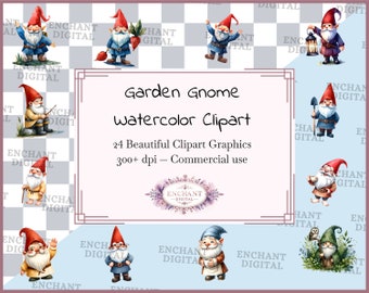 Garden Gnome clipart - Watercolor Garden Gnome with Gnome Hat and House clipart instant download - PNG graphics bundle - Commercial Use
