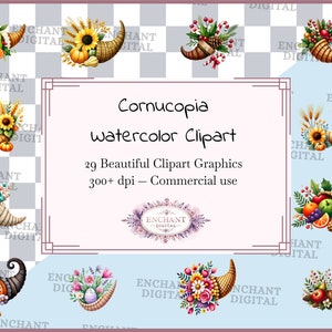 Clipart Cornucopia - Download immediato di clipart Cornucopia festiva di Watercolor Horn of Plenty - Pacchetto di grafica PNG - Uso commerciale