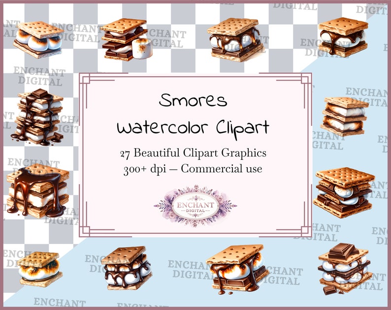 Smores clipart - Aquarel clipart Kampvuur S'mores Toasted Marshmellow Chocolate instant download - PNG grafische bundel - Commercieel gebruik afbeelding 1