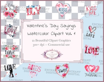 Valentine's Day Sayings Clipart Vol 1 - Watercolor Love Phrases Clipart Instant Download - PNG Graphics Bundle - Commercial Use