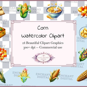 Può includere: Un set di 24 clipart ad acquerello che rappresentano il mais in vari stili, tra cui pannocchie di mais, chicchi di mais e spighe di mais. Le clipart sono perfette per aggiungere un tocco autunnale ai tuoi progetti.