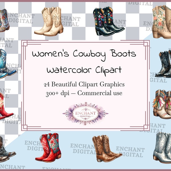 Women's Cowboy Boots clipart - Watercolor Stylish Leather Cowgirl Fashion clipart instant download - PNG graphics bundle - Commercial Use