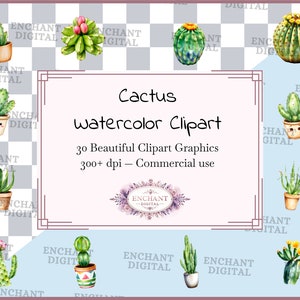 May include: A set of 30 watercolor cactus clipart graphics, perfect for adding a touch of desert charm to your designs. The graphics are high-resolution (300+ dpi) and are ideal for commercial use.