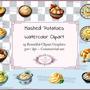 Puré de papas clipart - Puré de papas con acuarela Comida reconfortante de Acción de Gracias clipart descarga instantánea - Paquete de gráficos PNG - Uso comercial