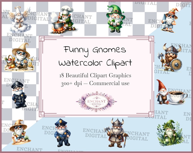 Divertente clipart Gnome - Esilarante download immediato di clipart acquerello Gnome da giardino - Pacchetto grafica PNG - Uso commerciale immagine 1