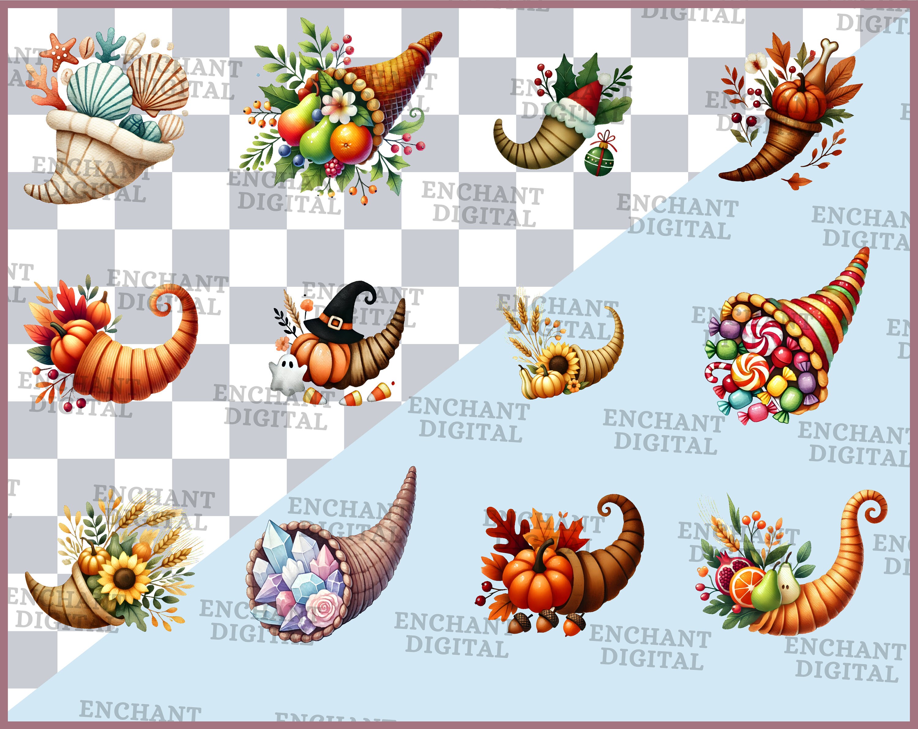 Cornucopia Clipart - Watercolor Horn of Plenty Festive Cornucopia ...