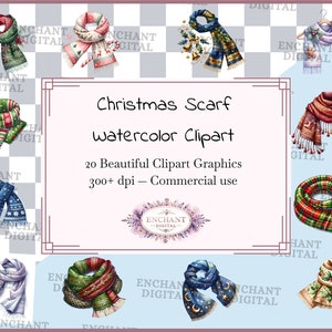 クリスマス スカーフ クリップアート - 水彩冬スカーフ クリップアート 即時ダウンロード - PNG グラフィック バンドル - 商用利用