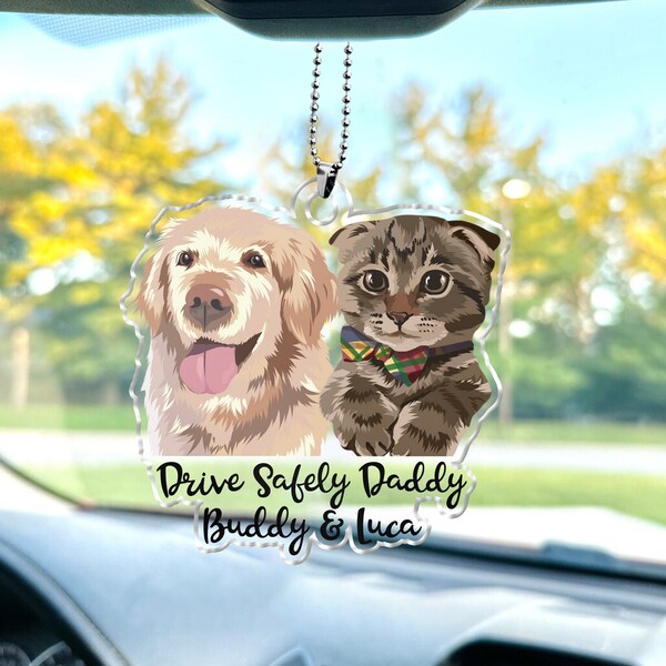 Fathers Day Gifts For Dog Dad, Custom Hanging Pet Photo Car Ornament, Car Accessories, Personalized Drive Safe Daddy Gifts, Dog Lovers Gifts