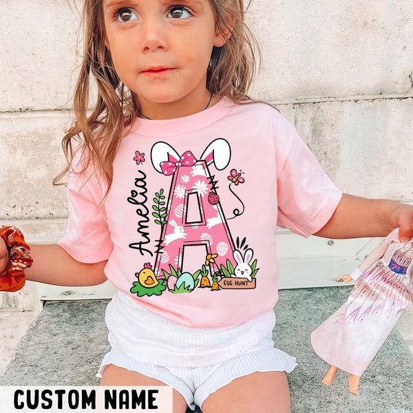 Personalized Alphabet  Bunny Easter Kids Shirt, Custom Kids Name Easter Toddler, Kids Easter Day Gift, Custom Bunny Tshirt For Kids Girls