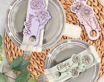 Personalized Vintage Birth Flower Tumbler Name Plate, Tumbler Tags, 40z 30oz Tumbler Name Tags, Tumbler Custom Name Tag, Her Birthday Gift