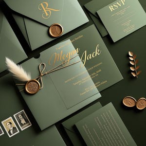 Acrylic Invitations with Envelope, Wedding invitation, Clear Invite, Sage Green Set, Rsvp QR code