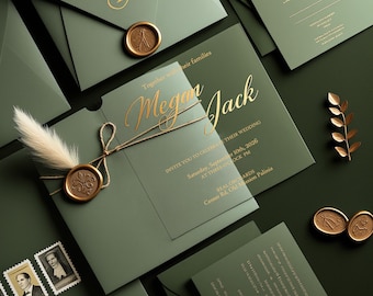 Acrylic Invitations with Envelope, Wedding invitation, Clear Invite, Sage Green Set, Rsvp QR code