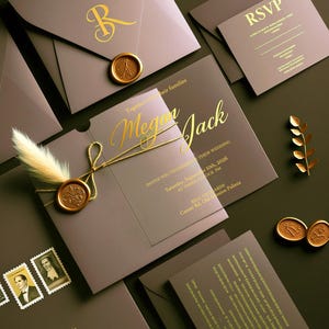 Clear Acrylic Wedding Invitation Suite, Gold Foil Script, RSVP Card