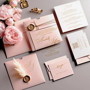 May include: Elegant blush pink wedding invitation suite with gold foil lettering and wax seals. The suite includes invitation cards, RSVP cards, and details cards. The invitation features the names "Anabella & Jeffrey". A sprig of pampas grass and pink peonies add a decorative touch.