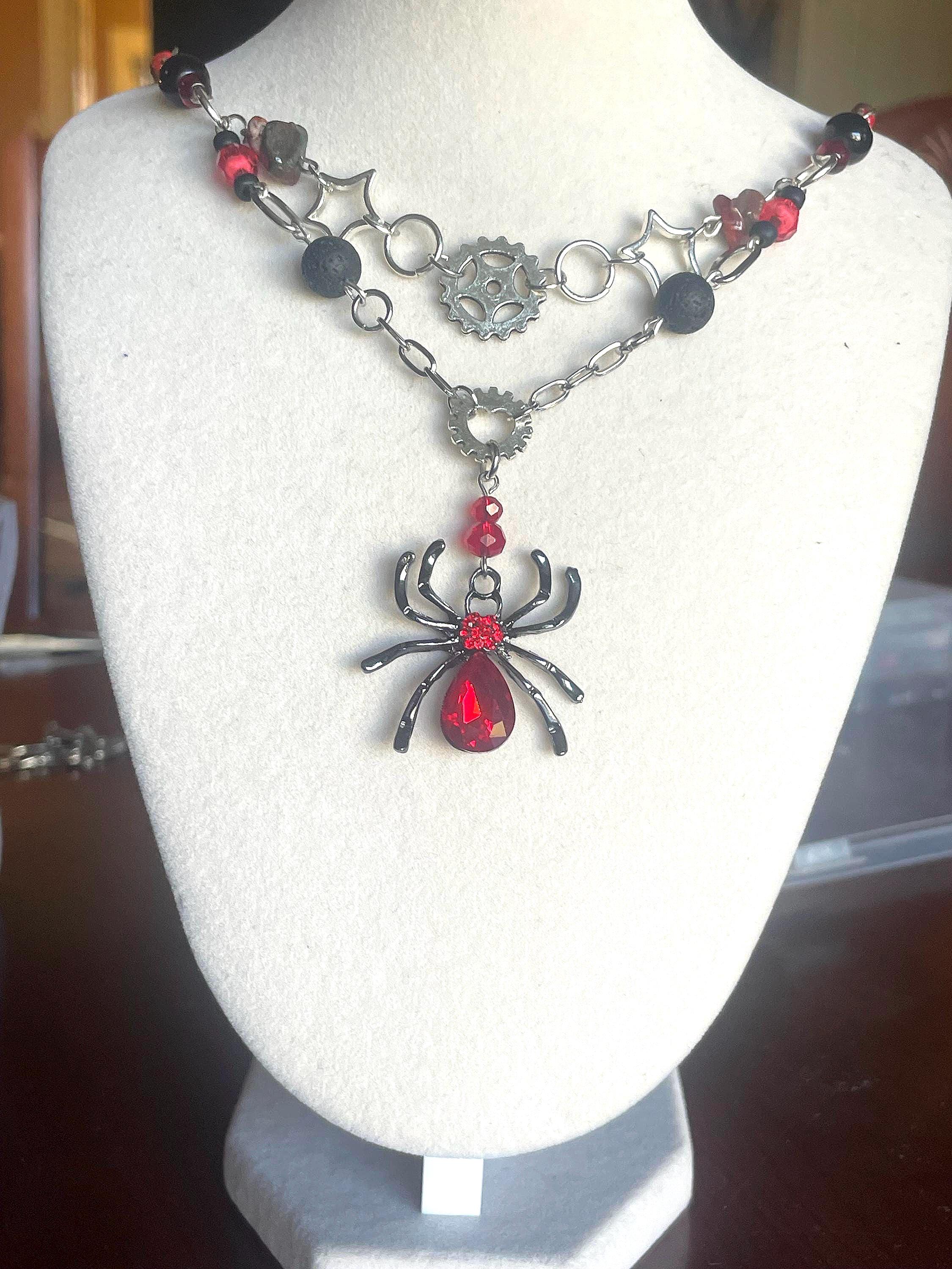 Pink Spider Chain Goth Steampunk Silver Red and Black Beaded Spider Chain Necklace ...