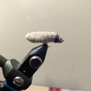 May include: A close-up of a fly fishing lure with a white fuzzy body and a purple and copper head.
