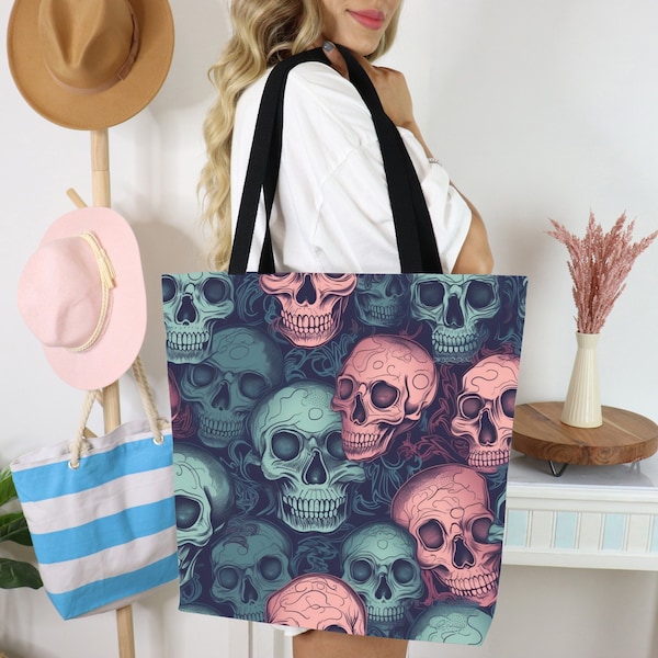 Floral Skull Tote Bag, All Over Floral Tote Bag, Boho Skull Tote For Her, Gothic Style Beach Bag, Skull Shoulder Bag, Goth Tote Bag