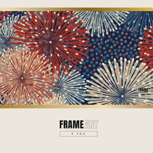 May include: A framed print featuring a colorful abstract design of fireworks in shades of red, blue, and white. The background is a dark blue with white polka dots.