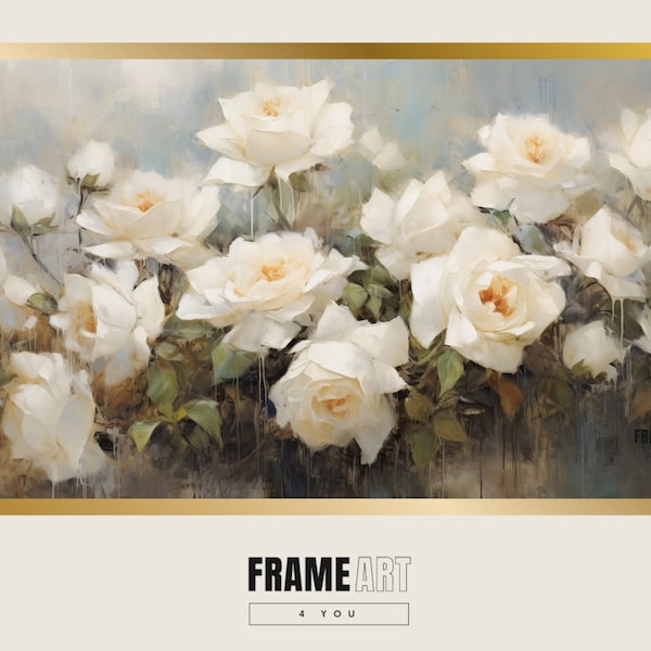 FRAME TV Art | Oil Painting White Roses | Rosebud Blossom | Landscape | Digital Art | Flower | Floral | Artwork | Divine | Wedding | FrameTv