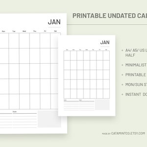 Calendário sem data para impressão l A4 l A5 l Carta EUA l Meia Carta l Minimalista l Download digital l PDF