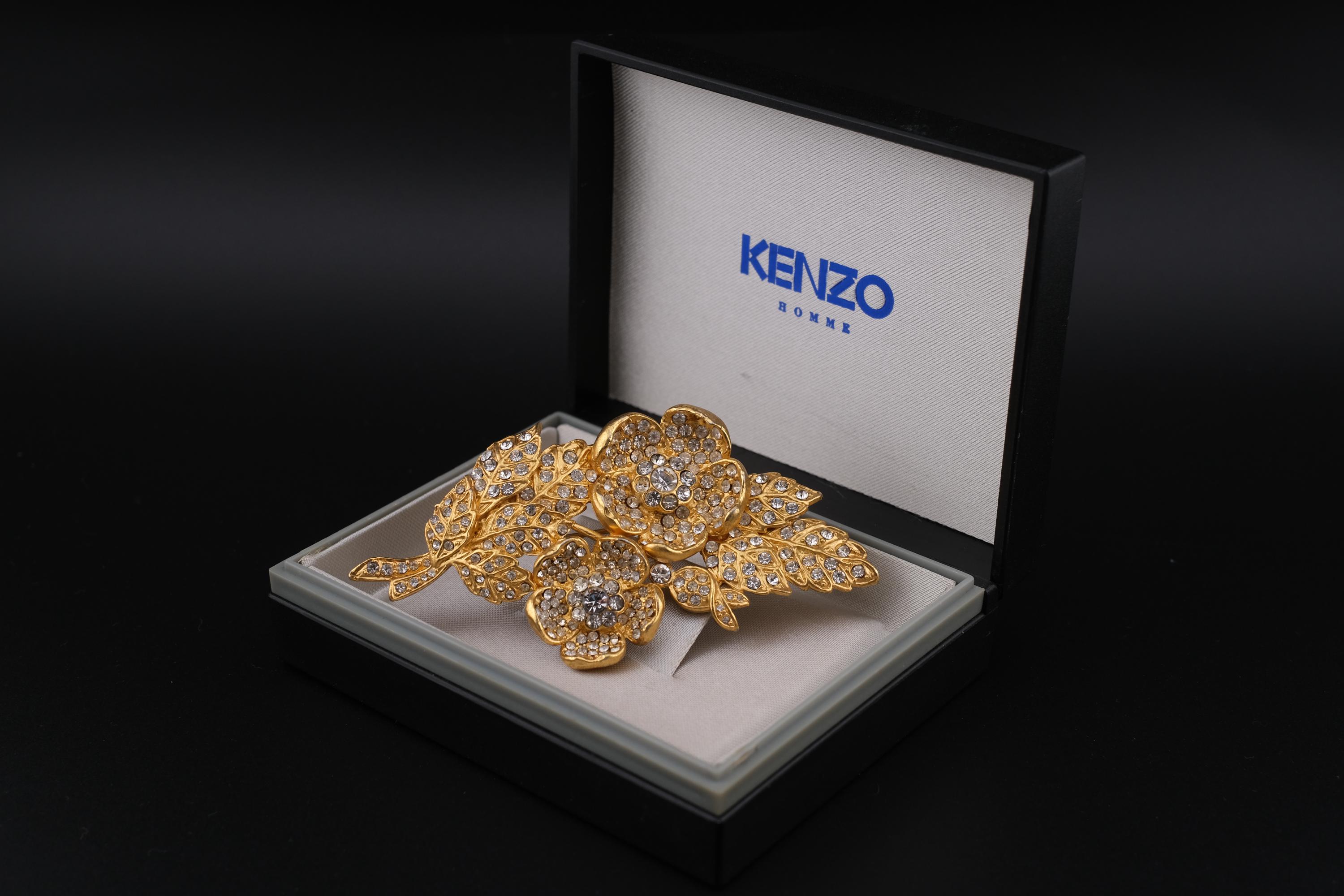 Broche vintage double fleurs en strass « Kenzo » signée