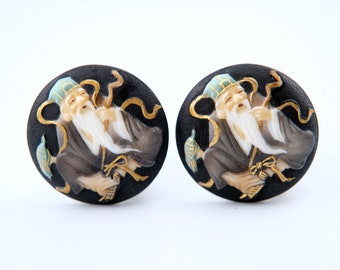 Vintage Toshikane Hand Painted Porcelain Clip on Earrings, God Of Longevity, Jurōjin