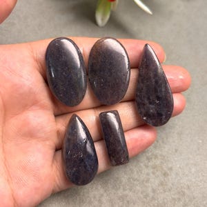 Puede incluir: Colección de seis gemas pulidas de color púrpura oscuro en varias formas: ovaladas, de lágrima y rectangulares. Las piedras tienen un aspecto moteado. Las gemas se sostienen en una mano sobre un fondo neutro. Adecuadas para la creación de joyas.