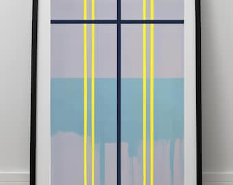 May include: Abstract art print with a black frame. The print features a light blue and purple background with yellow and black lines.