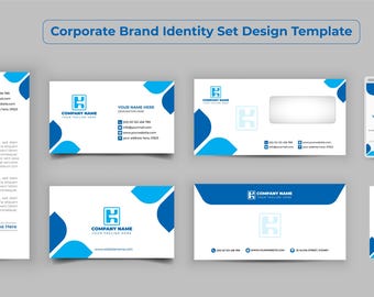 May include: Corporate brand identity set design template with a blue and white color scheme. The set includes a letterhead, business card, envelope, ID card, and CD. The logo features the letter "K" in a stylized font.