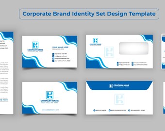 May include: Corporate brand identity set design template featuring a blue and white color scheme. The set includes a letterhead, business card, envelope, ID card, and CD. The design features a stylized letter "K" and a wavy blue line.