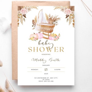 Baby Shower Editable Invitation, Autumn Baby Shower Template, Gender Neutral Baby Shower, Autumn Floral Shower Invite, Pumpkin Spice Digital