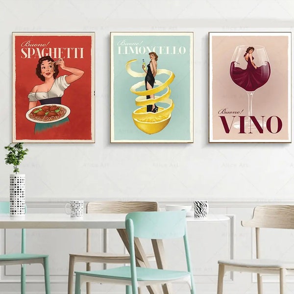 Vintage Italian Food And Drink Wall Art, Vintage Poster Art, Italy Food Poster, Funny Wall Art Poster, Canvas Spray Painting, Room Decor